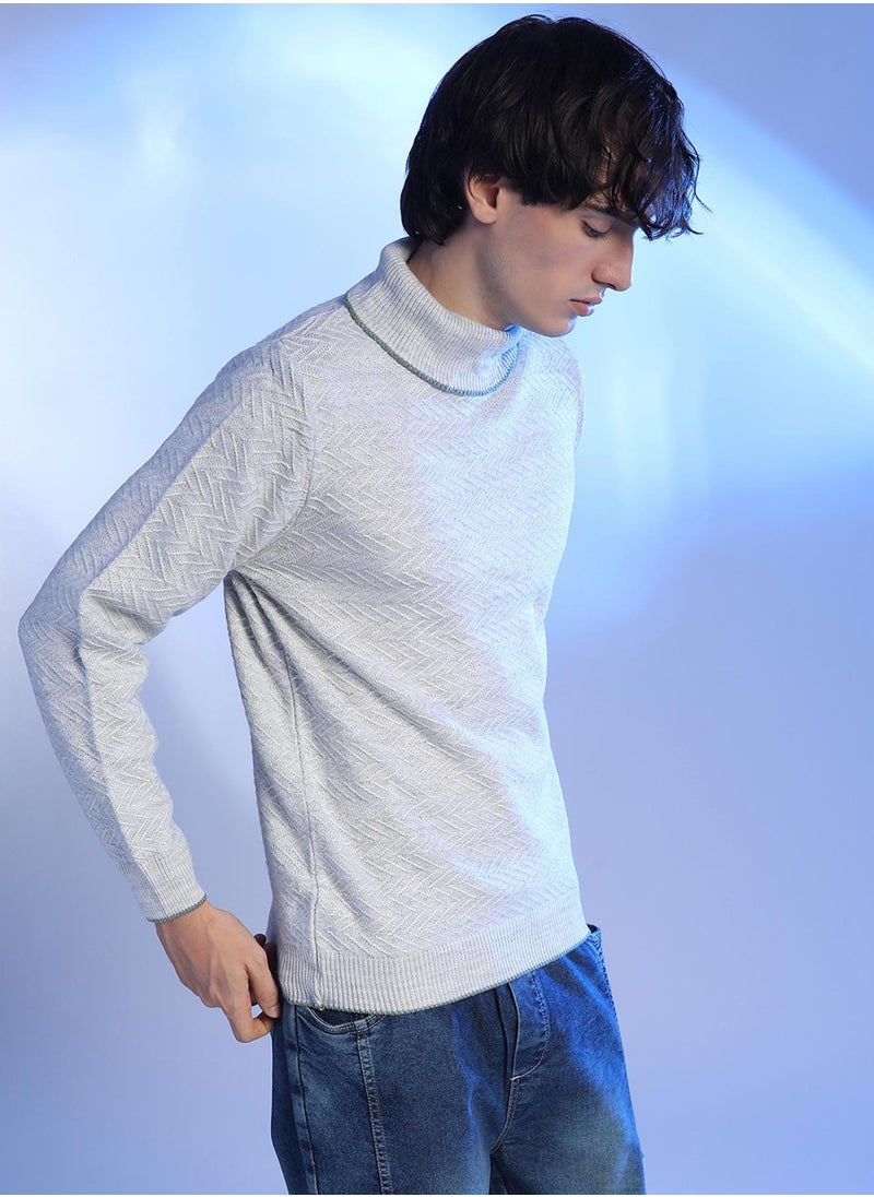 Men's Light Grey Herringbone Textured Pullover Sweater