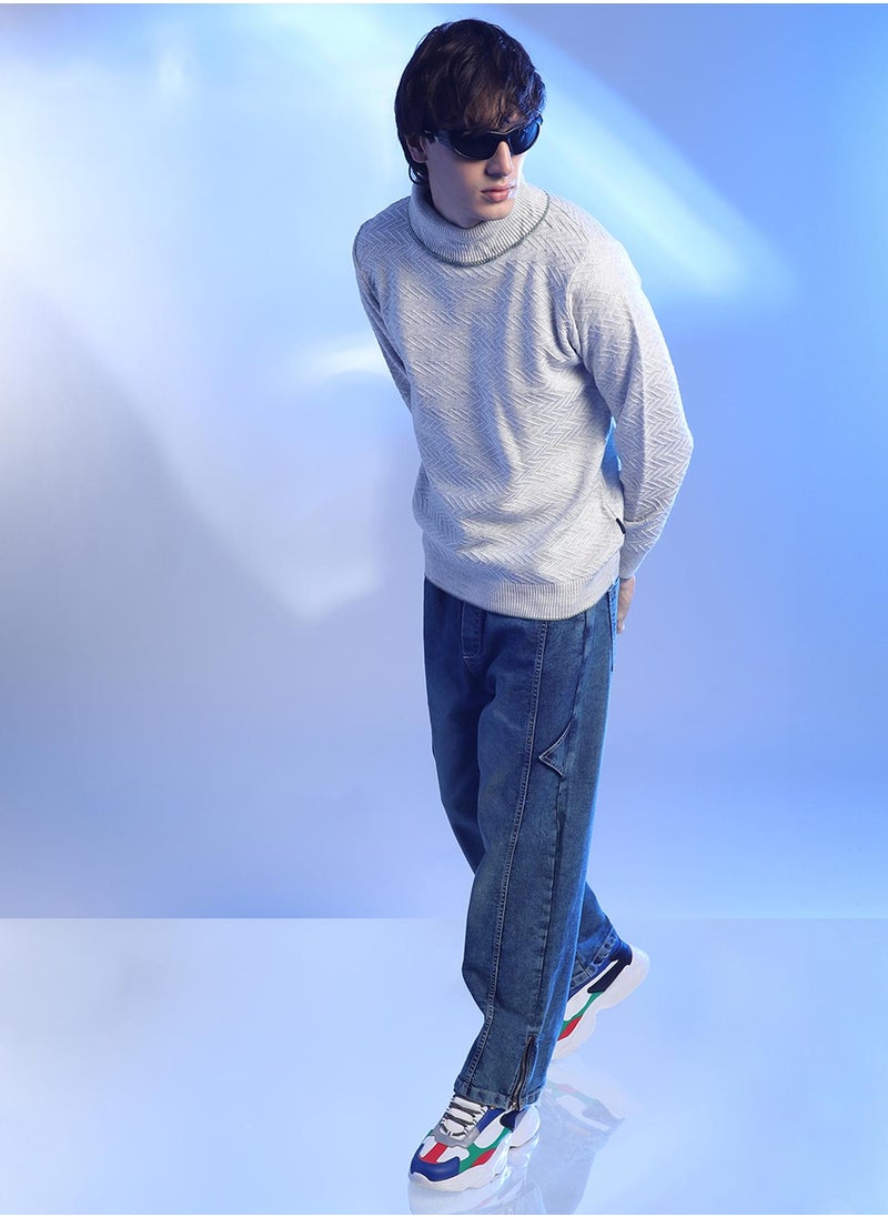 Men's Light Grey Herringbone Textured Pullover Sweater