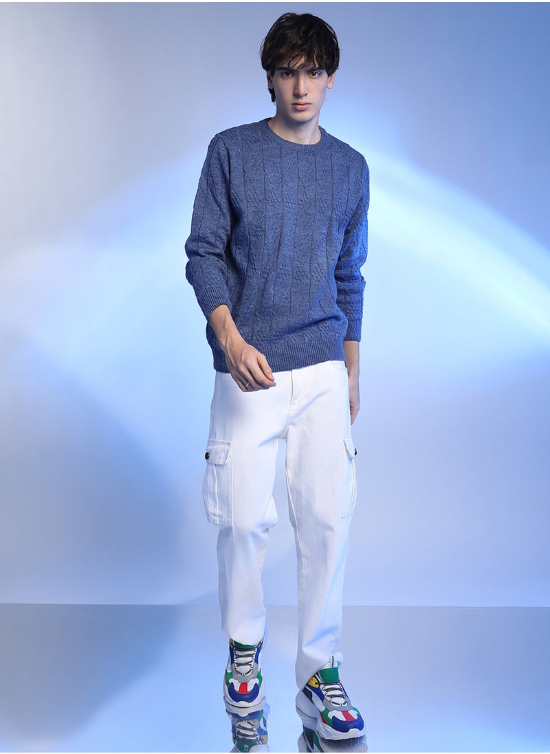Men's Blue Textured Knit Pullover Sweater