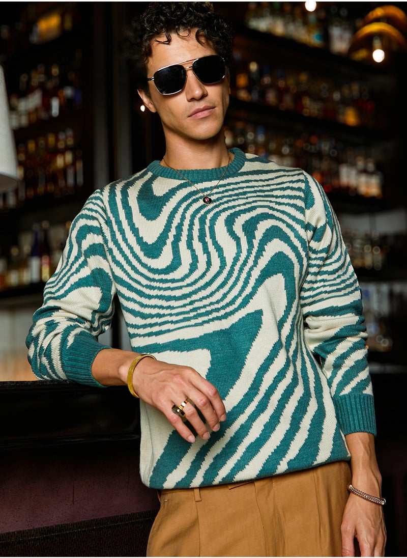 Men's Emerald Green & Saltbox Beige Fluid Pullover Sweater
