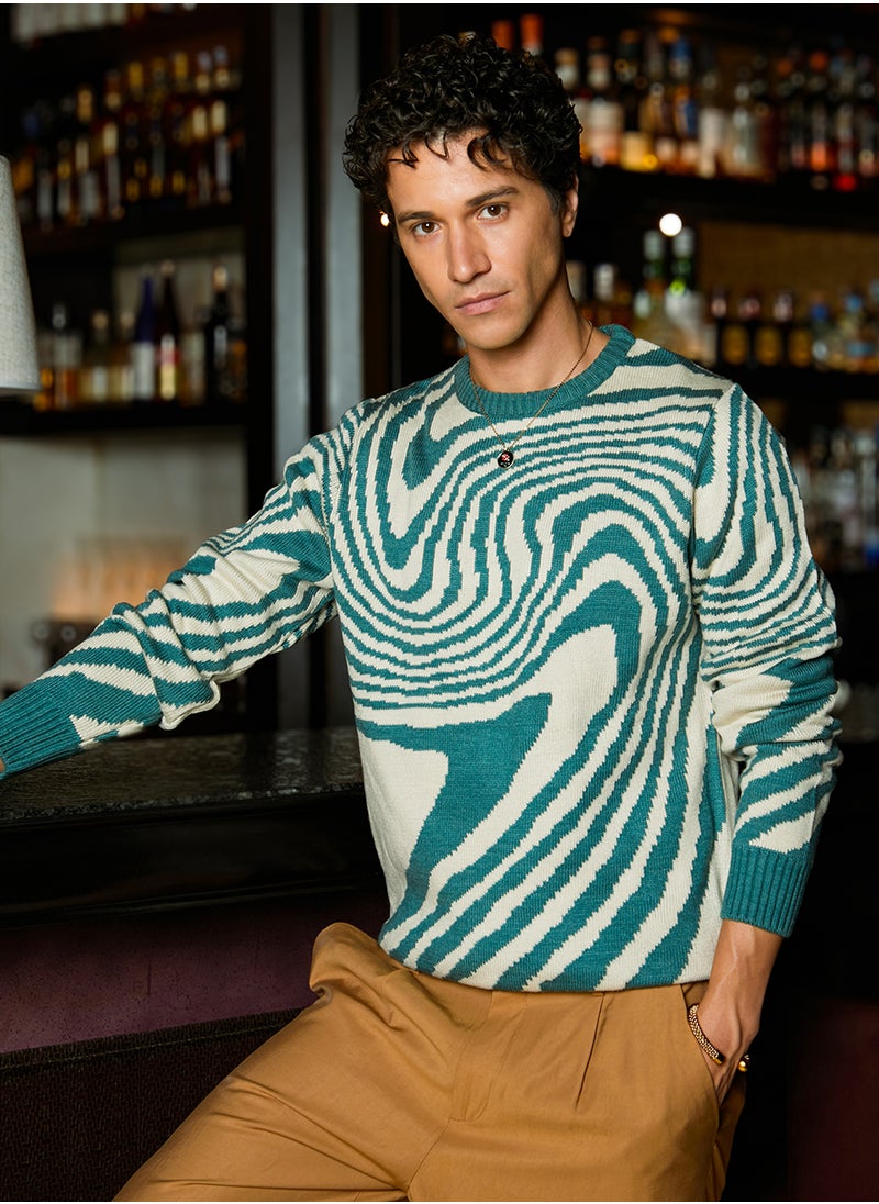 Men's Emerald Green & Saltbox Beige Fluid Pullover Sweater