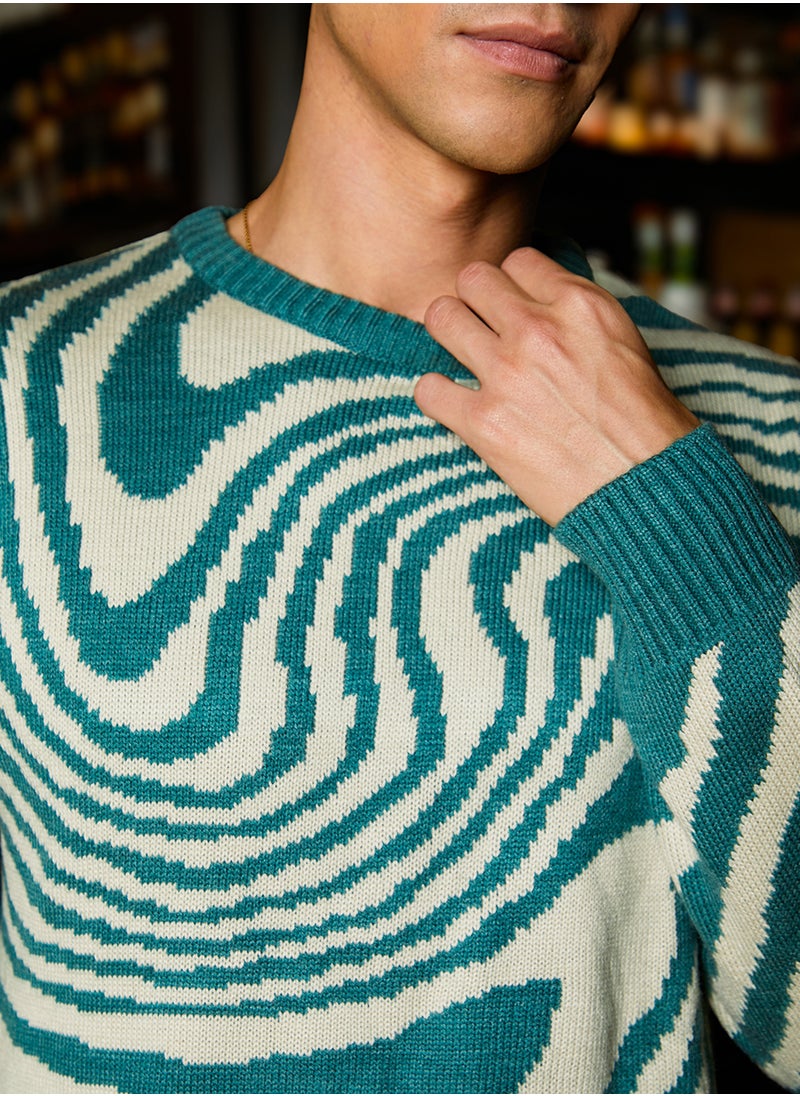 Men's Emerald Green & Saltbox Beige Fluid Pullover Sweater