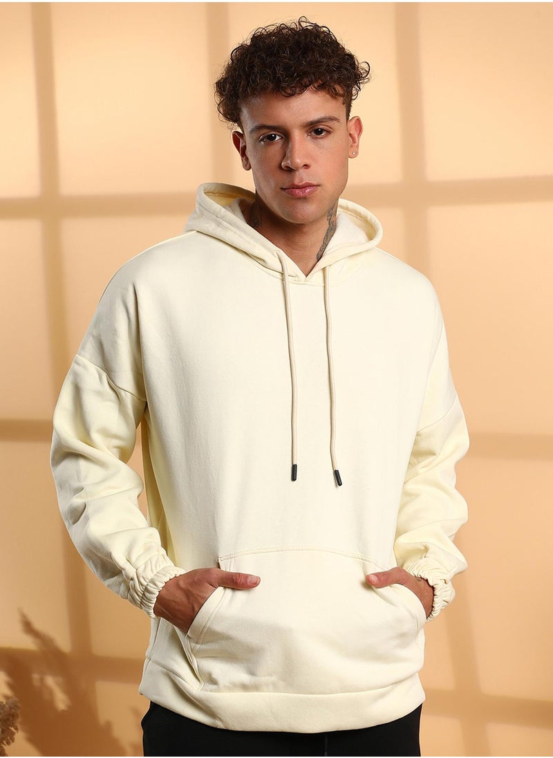Men's Light Yellow Oversized Pullover Sweatshirt With Kangaroo Pocket