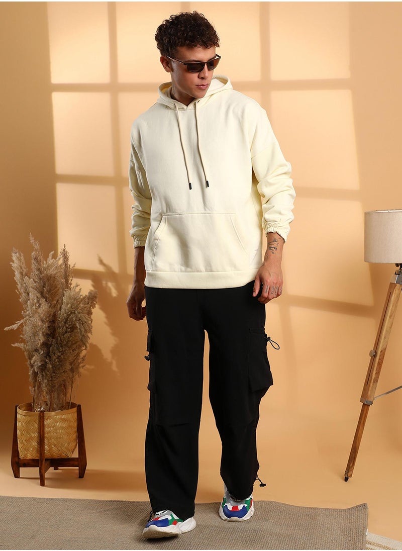 Men's Light Yellow Oversized Pullover Sweatshirt With Kangaroo Pocket
