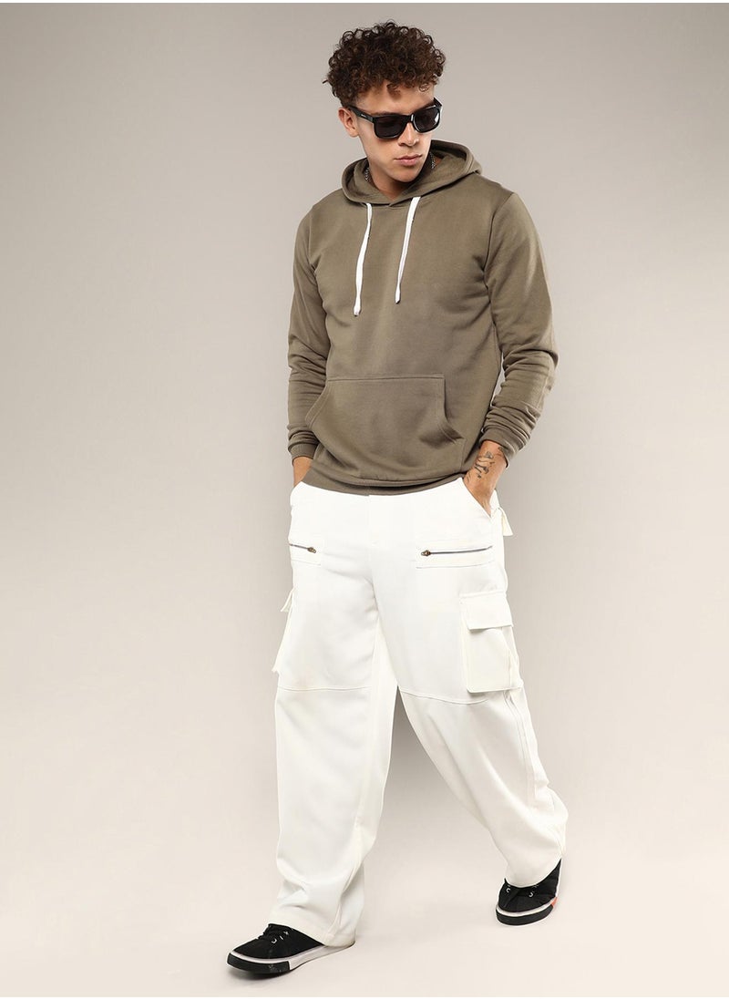 Men's Olive Green Pullover Hoodie With Contrast Drawstring