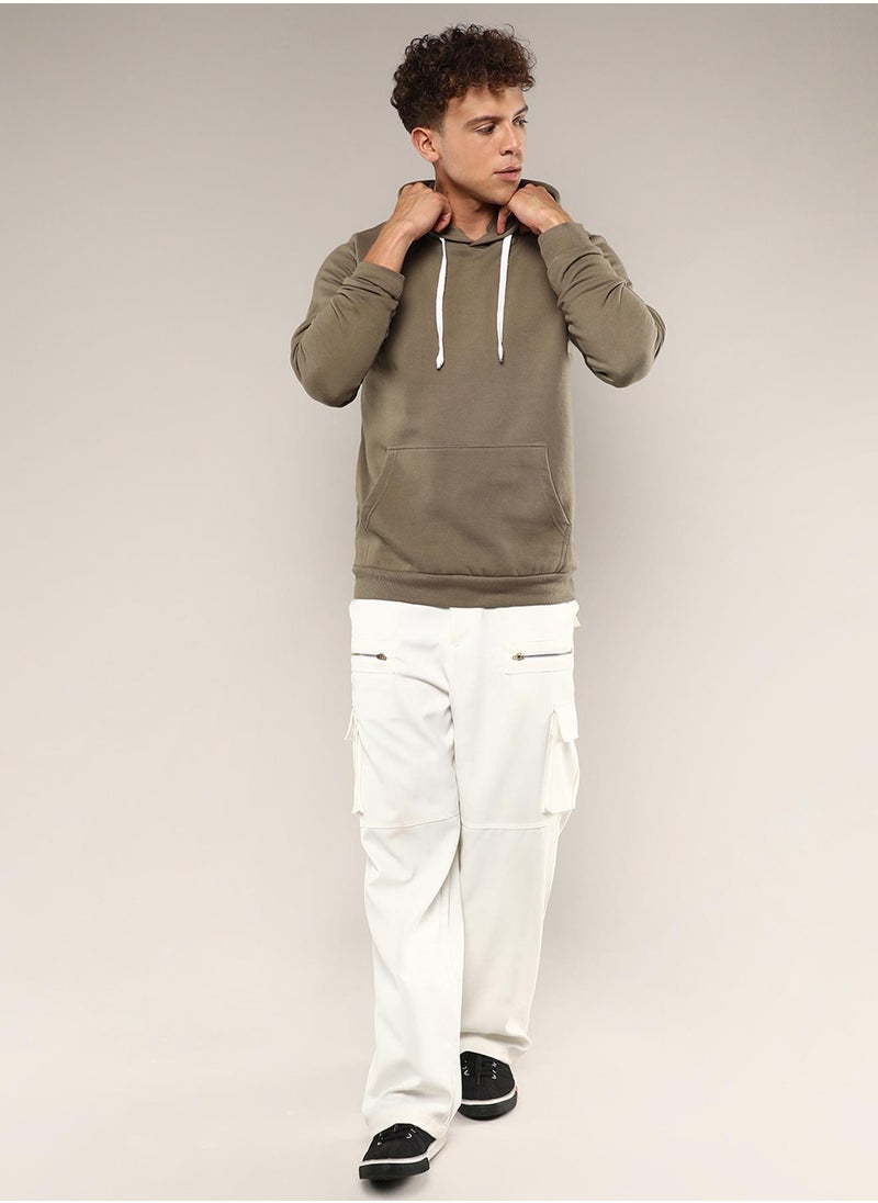 Men's Olive Green Pullover Hoodie With Contrast Drawstring