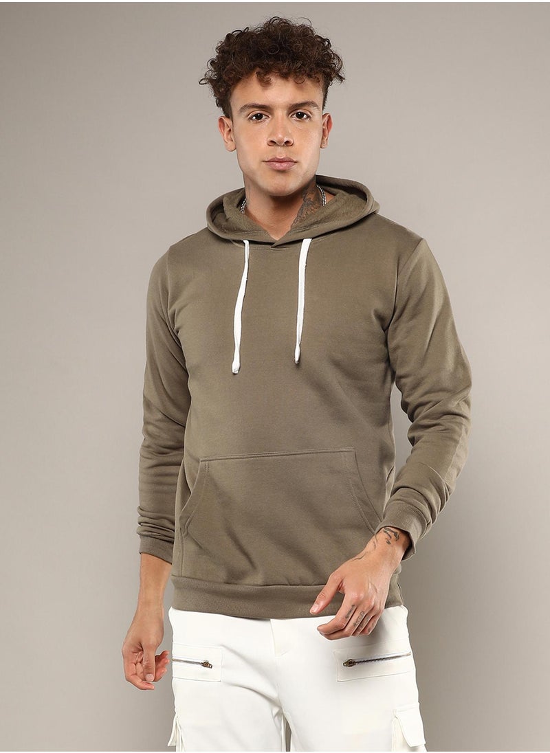 Men's Olive Green Pullover Hoodie With Contrast Drawstring