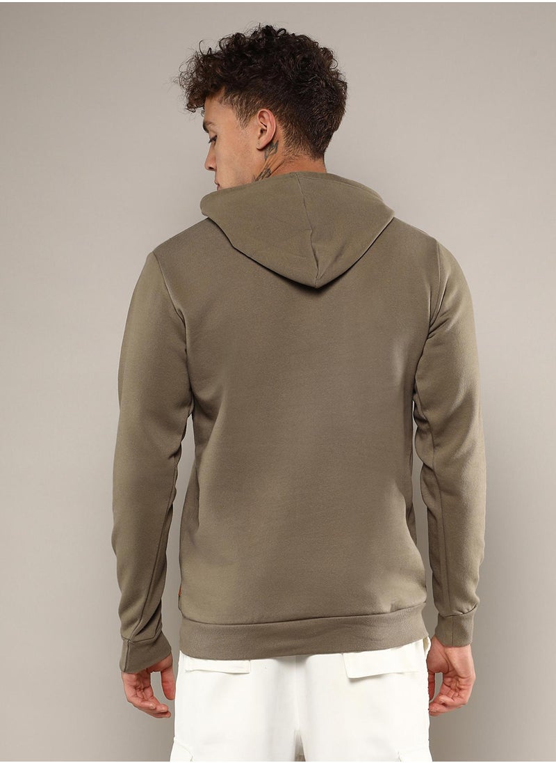 Men's Olive Green Pullover Hoodie With Contrast Drawstring