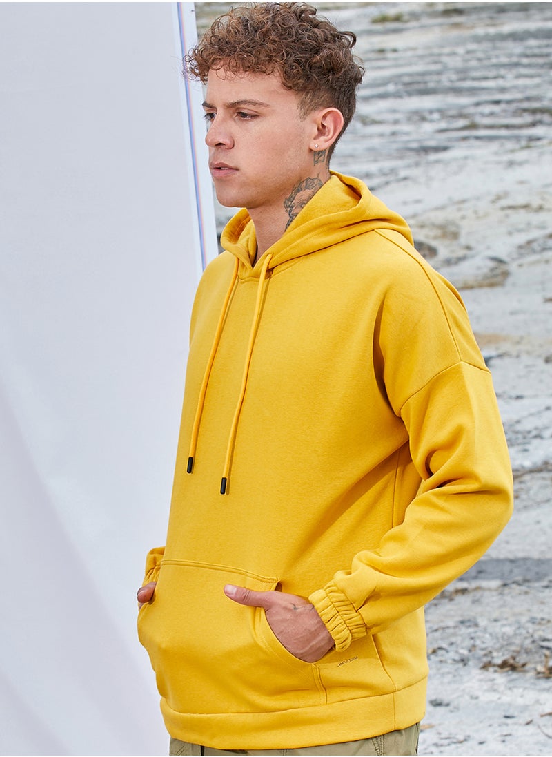 Men's Mustard Yellow Oversized Pullover Sweatshirt With Kangaroo Pocket