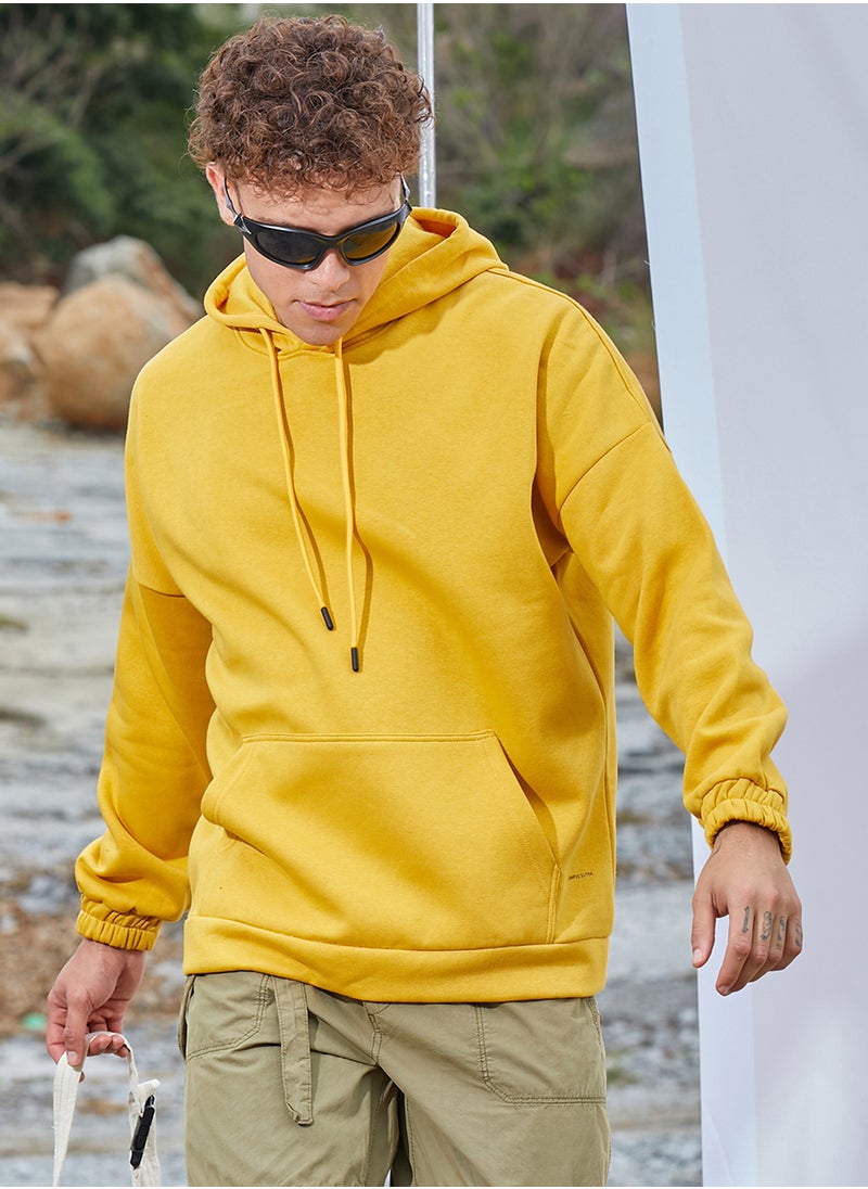 Men's Mustard Yellow Oversized Pullover Sweatshirt With Kangaroo Pocket