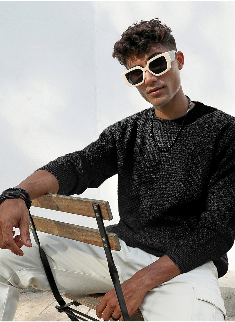 Men's Onyx Black Solid Knitted Pullover Sweater