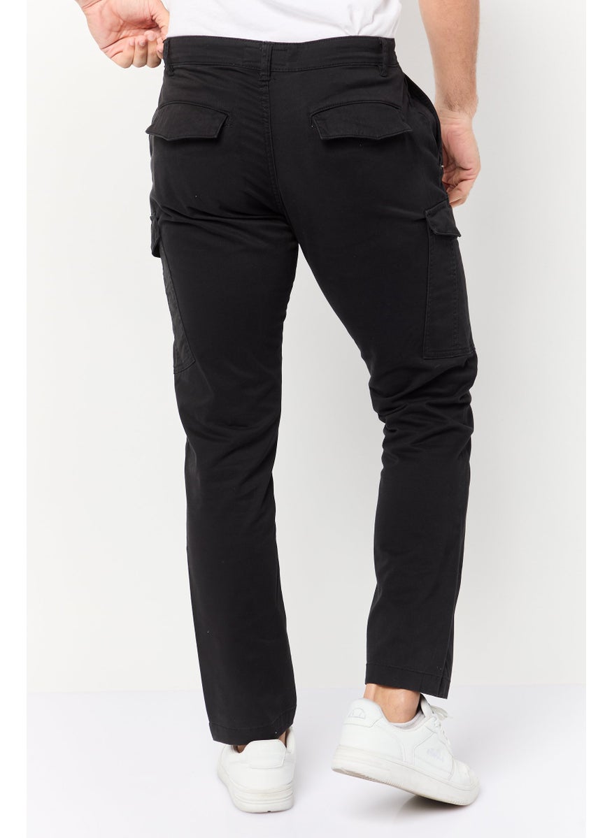Men Slim Fit Plain Cargo Pants, Black
