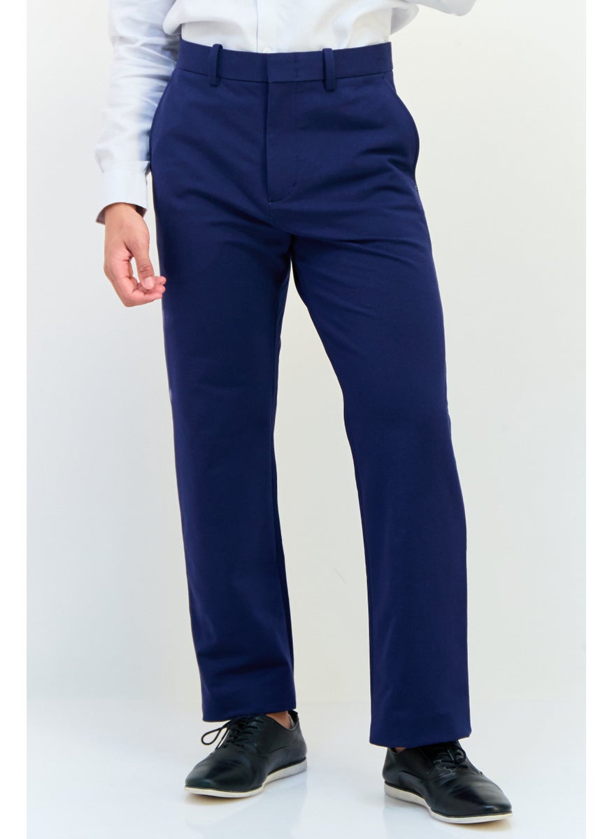 Men Regular Fit Solid Straight Pants, Navy