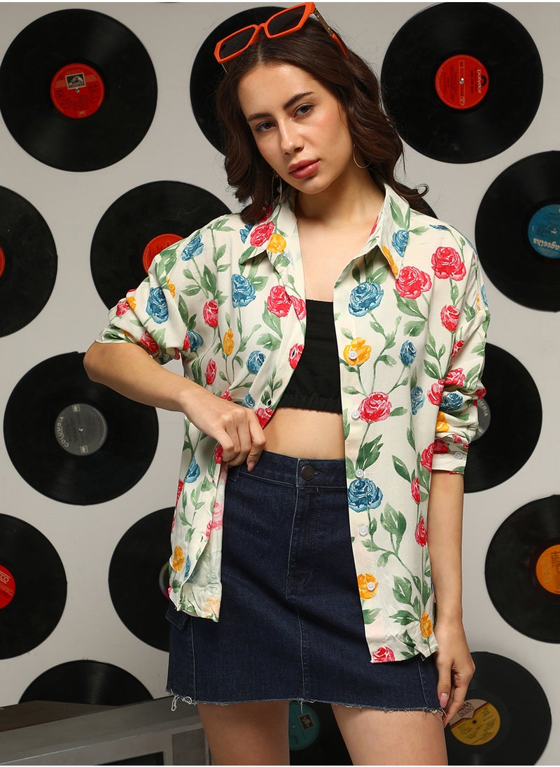 Women's Pale Yellow Rose Garden Oversized Shirt