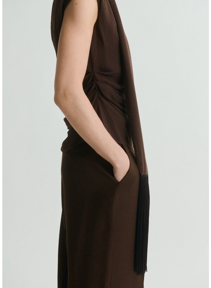 Fringe Detail Asymmetrical Scarf Blouse