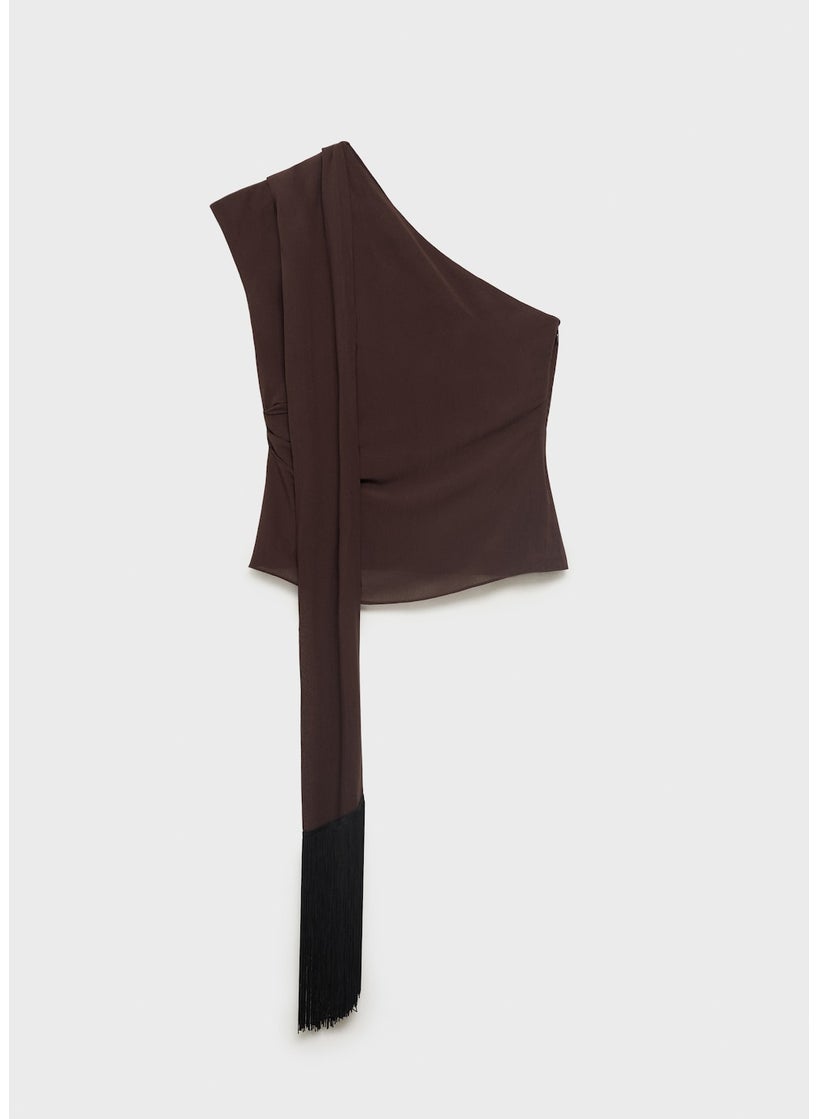 Fringe Detail Asymmetrical Scarf Blouse