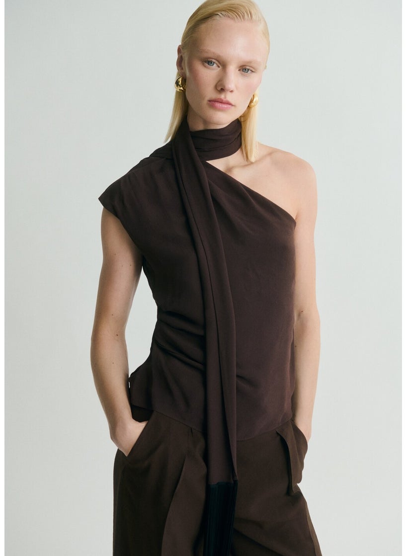 Fringe Detail Asymmetrical Scarf Blouse