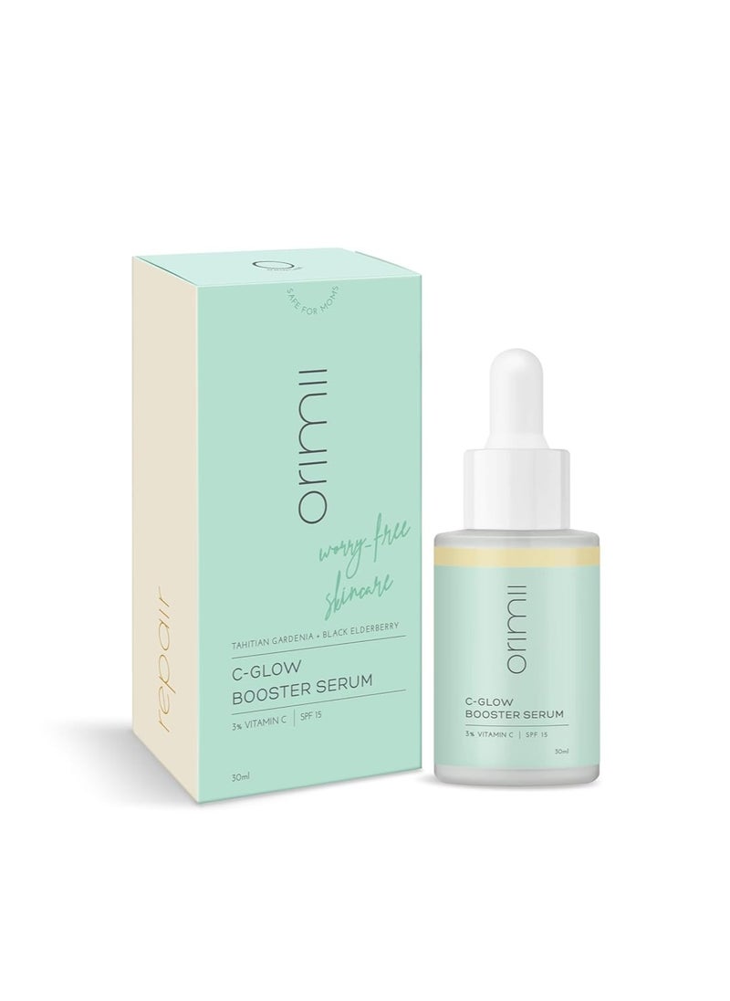 C-Glow Booster Serum - 3% Vitamin C - SPF 15 - Pregnancy-Safe Brightening & Hydrating Face Serum with Elderberry & Tahitian Gardenia for Even Skin Tone & Daily Sun Protection - 30ml
