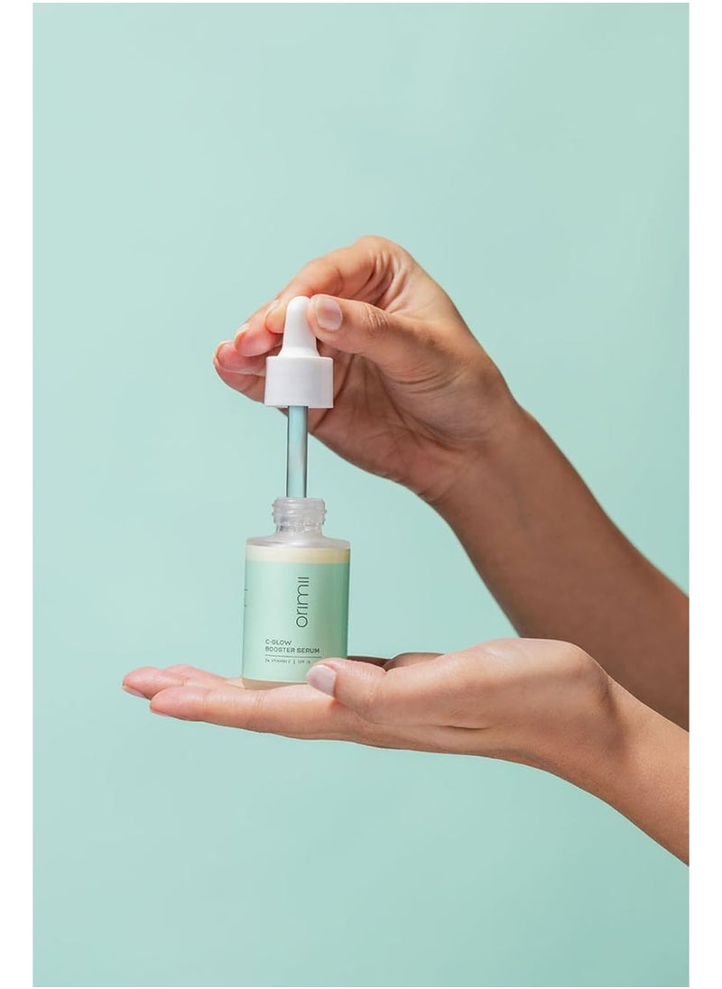 C-Glow Booster Serum - 3% Vitamin C - SPF 15 - Pregnancy-Safe Brightening & Hydrating Face Serum with Elderberry & Tahitian Gardenia for Even Skin Tone & Daily Sun Protection - 30ml
