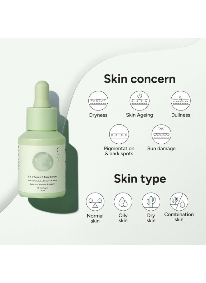 8% Vitamin C Face Serum for Glowing Skin | Brightening Serum for Dark Spots, Tanned & Dull Skin; Hydrates | Alpha Arbutin, Hyaluronic, Ferulic, CiCa, Prebiotic, Probiotic | Oil & PEG free |30 ml