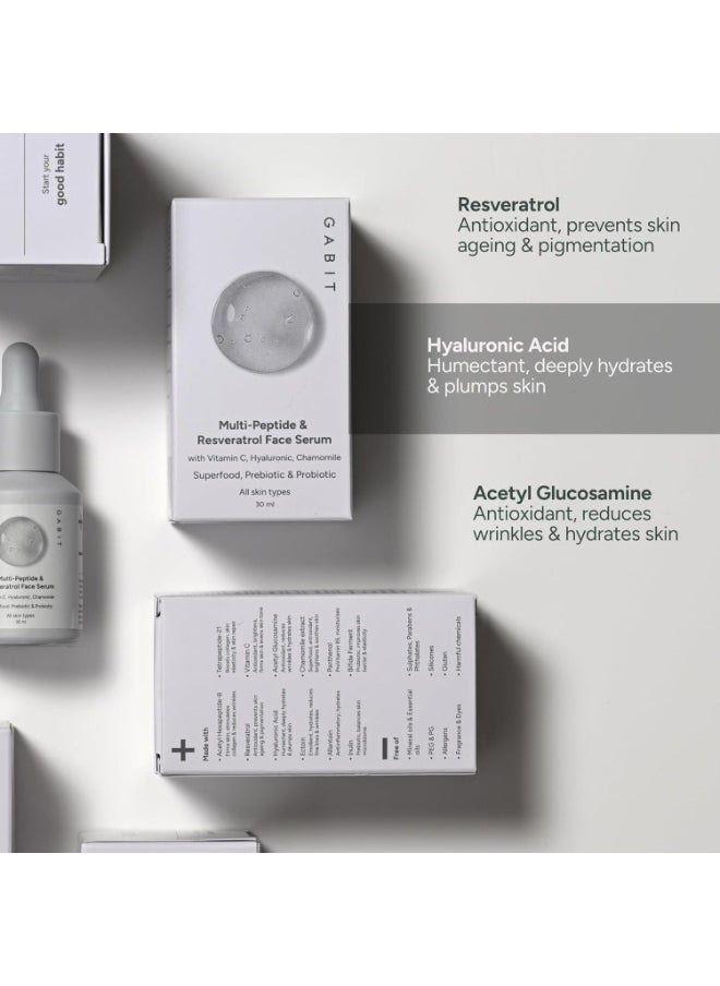 Multi-Peptide & Resveratrol Pro-ageing Serum For Wrinkles, Fine Lines, Dark Spots | Boosts Collagen | Normal, Oily, Dry, Sensitive Skin Types |Vit-C, Hyaluronic, Chamomile |For Women & Men, 30 ml
