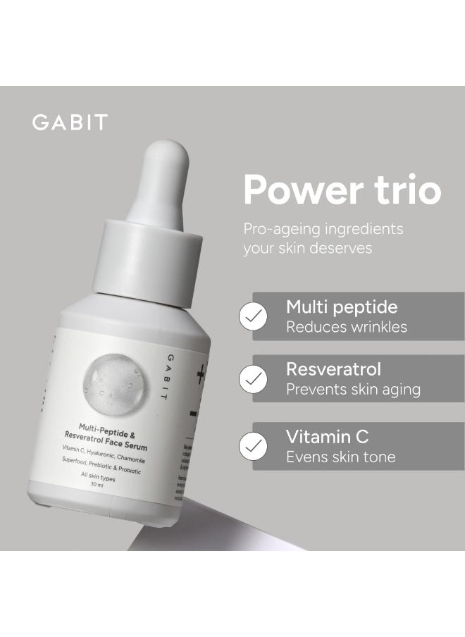 Multi-Peptide & Resveratrol Pro-ageing Serum For Wrinkles, Fine Lines, Dark Spots | Boosts Collagen | Normal, Oily, Dry, Sensitive Skin Types |Vit-C, Hyaluronic, Chamomile |For Women & Men, 30 ml