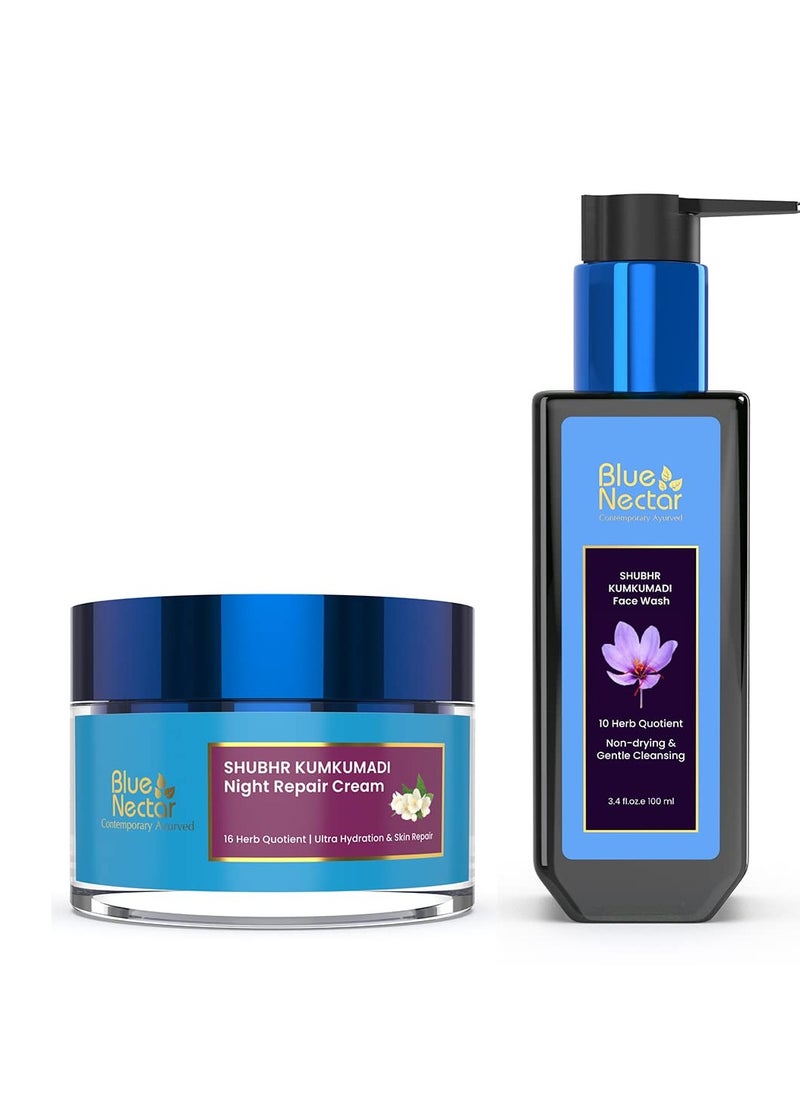 Blue Nectar Kumkumadi Night Cream with Jasmine for Glowing Skin (1.7 Fl Oz) & Kumkumadi Gentle Face Cleanser with Saffron (3.38 Fl Oz)