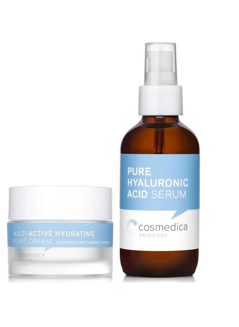 Cosmedica Skincare Hydrating Night Cream 2 Oz & Pure Hyaluronic Acid Serum 4 Fl. Oz Bundle – Anti-Aging & Moisturizing Duo for Face and Neck with Hyaluronic Acid, Shea Butter & Vitamin E, 2 Oz