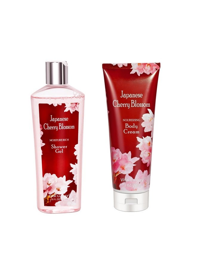 Japanese Cherry Blossom Shower Gel And Body Cream Set - Nourishing And Moisturizing Daily Skincare - 8 Fl.Oz / 236Ml Each, Christmas Gifts For Her And Him (Japanese Cherry Blossom)