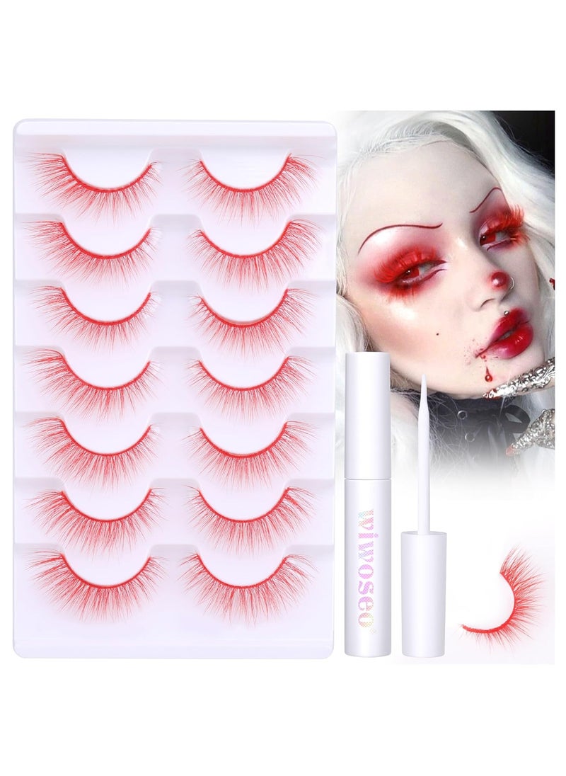 wiwoseo Red Lashes Natural Look Eyelashes with Glue Red Eyelashes with Cear Lash Glue Cat Eye Lashes with Glue Clear Band Lashes Halloween Lashes Cosplay Halloween Eyelashes 7 Pairs