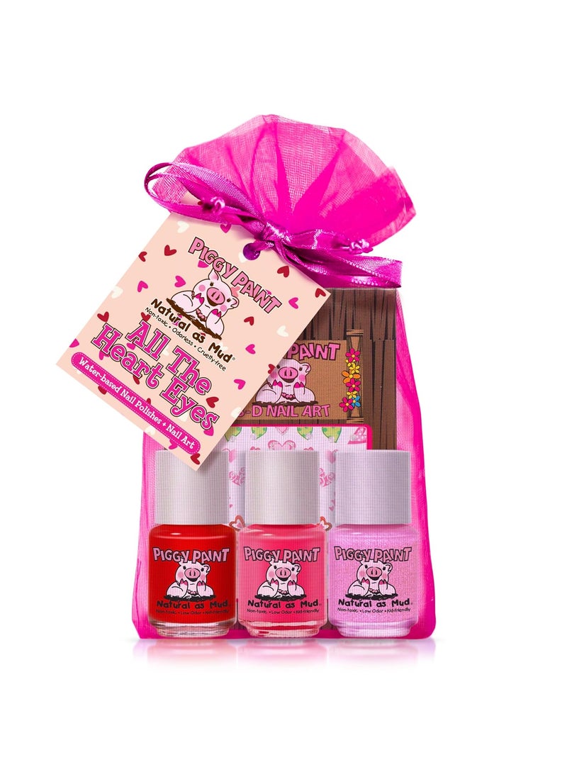 Piggy Paint | 100% Non-Toxic Girls Nail Polish | Safe, Cruelty-free, Vegan, & Low Odor for Kids | All the Heart Eyes (3 Polish + Nail Art Gift Set)