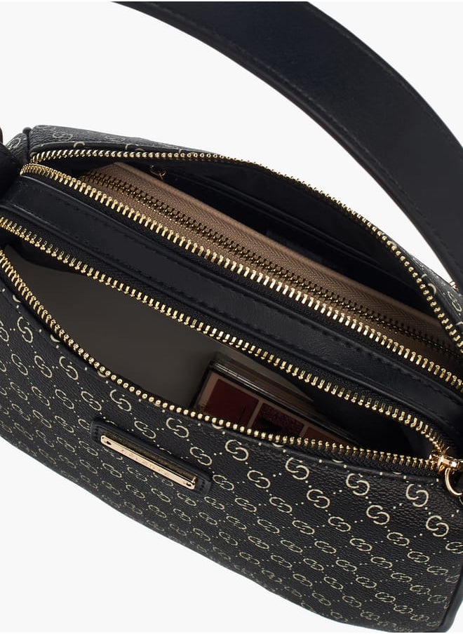 Womens Monogram Print Shoulder Bag With Detachable Strap And Zip Closure