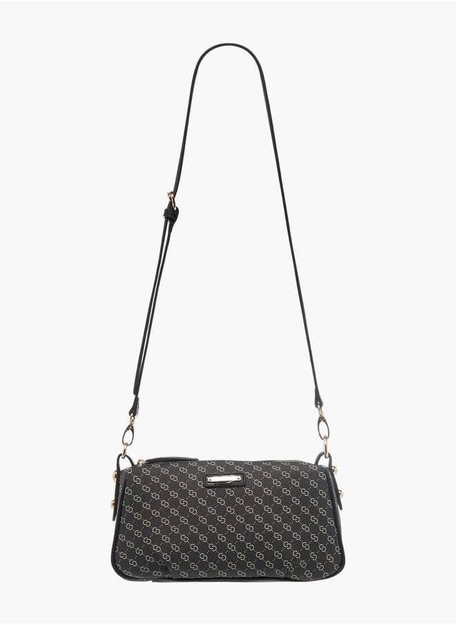 Womens Monogram Print Shoulder Bag With Detachable Strap And Zip Closure