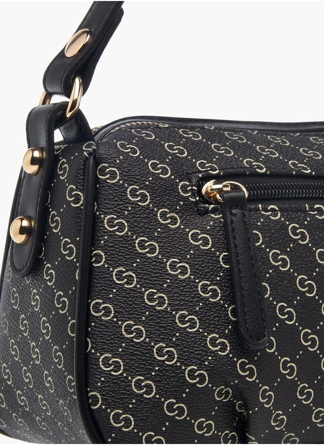 Womens Monogram Print Shoulder Bag With Detachable Strap And Zip Closure