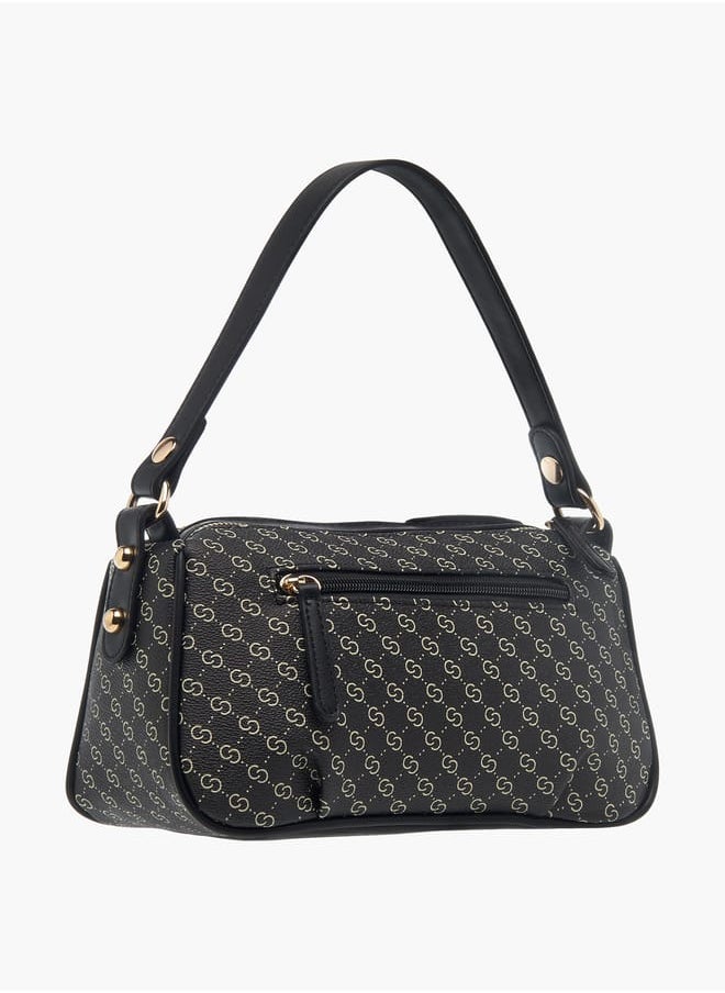 Womens Monogram Print Shoulder Bag With Detachable Strap And Zip Closure