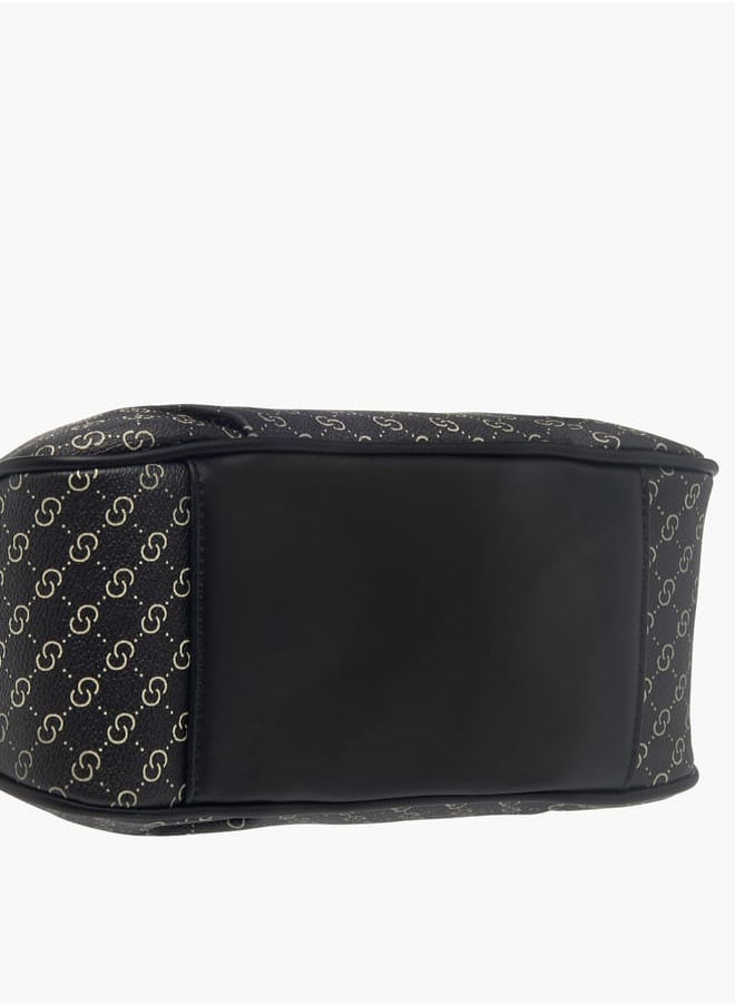 Womens Monogram Print Shoulder Bag With Detachable Strap And Zip Closure