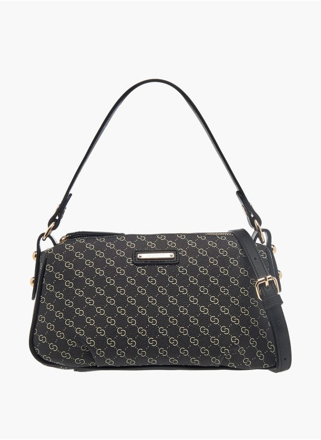 Womens Monogram Print Shoulder Bag With Detachable Strap And Zip Closure