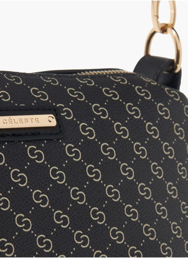 Womens Monogram Print Shoulder Bag With Detachable Strap And Zip Closure