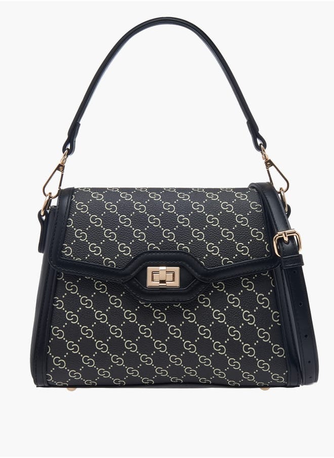 Women Monogram Print Shoulder Bag with Adjustable Strap and Twist Lock Closure