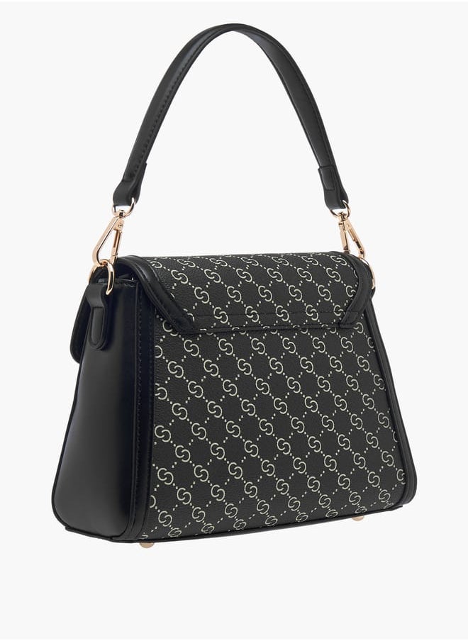 Women Monogram Print Shoulder Bag with Adjustable Strap and Twist Lock Closure