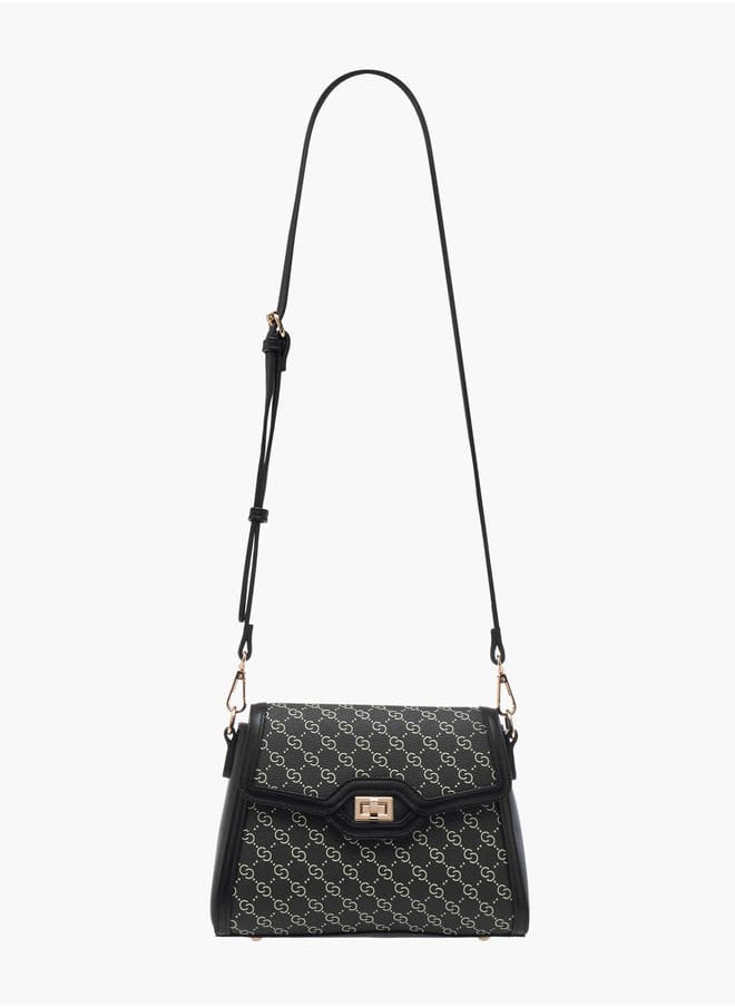 Women Monogram Print Shoulder Bag with Adjustable Strap and Twist Lock Closure