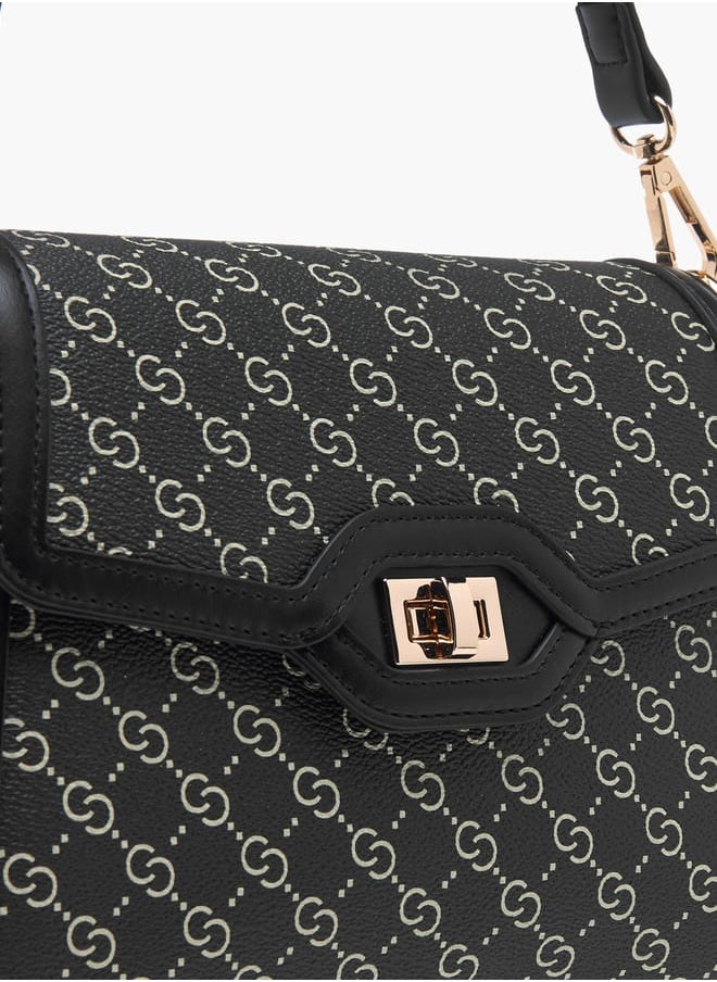 Women Monogram Print Shoulder Bag with Adjustable Strap and Twist Lock Closure