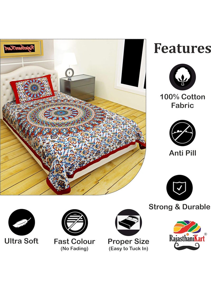 RajasthaniKart® Comfort Rajasthani Jaipuri Traditional Sanganeri Print 144 TC 100% Cotton Single Bedsheet with 1 Pillow Covers (Single, Red)