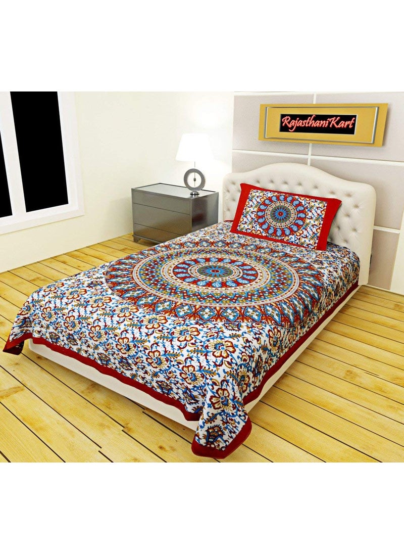 RajasthaniKart® Comfort Rajasthani Jaipuri Traditional Sanganeri Print 144 TC 100% Cotton Single Bedsheet with 1 Pillow Covers (Single, Red)