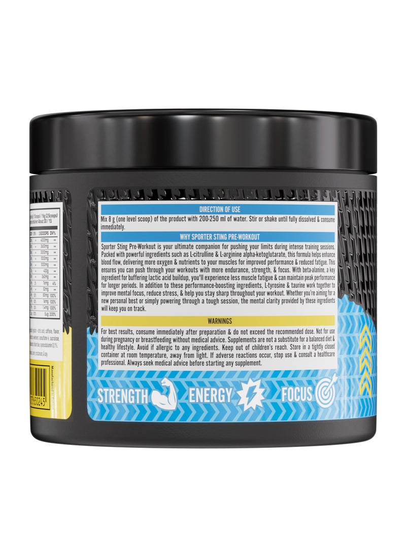 Sporter Sting Pre-Workout – Blue Razz | 30 Servings | Energy, Strength & Focus Booster | 180mg Caffeine | L-Citrulline, Beta-Alanine & B-Vitamins | Sugar-Free | Dietary Supplement – 240g
