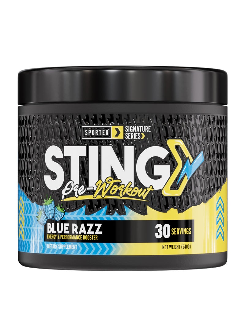 Sporter Sting Pre-Workout – Blue Razz | 30 Servings | Energy, Strength & Focus Booster | 180mg Caffeine | L-Citrulline, Beta-Alanine & B-Vitamins | Sugar-Free | Dietary Supplement – 240g