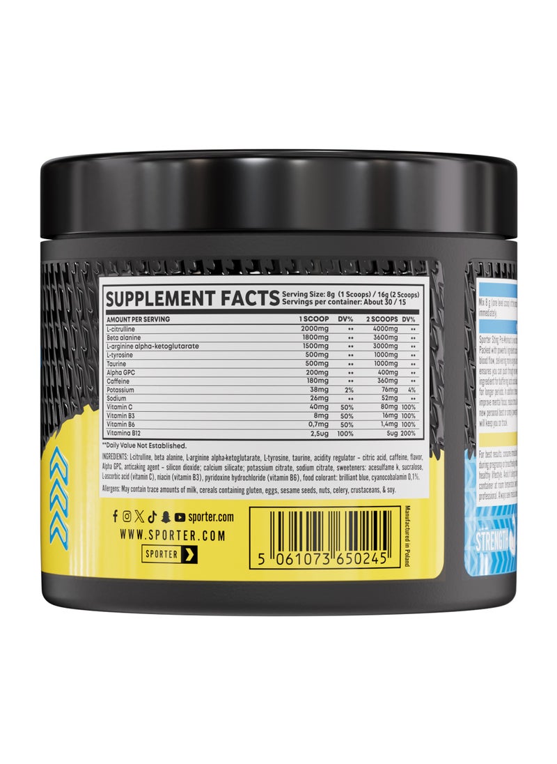 Sporter Sting Pre-Workout – Blue Razz | 30 Servings | Energy, Strength & Focus Booster | 180mg Caffeine | L-Citrulline, Beta-Alanine & B-Vitamins | Sugar-Free | Dietary Supplement – 240g