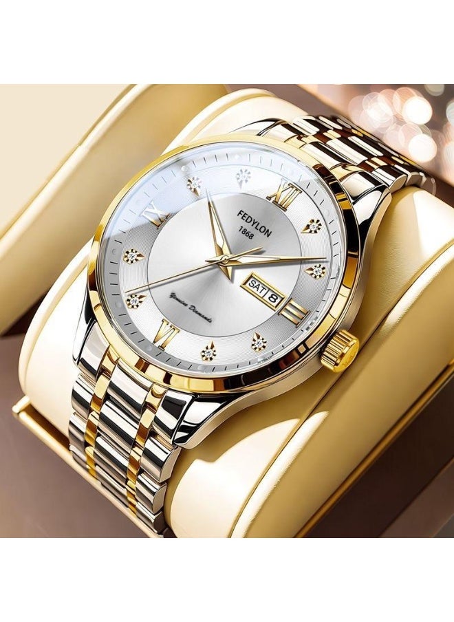 FEDYLON Men’s Two-Tone Business Quartz Watch – White Dial, Dual Calendar, Luminous Hands, 30M Waterproof, Roman Numerals, Stainless Steel Look Wristwatch
