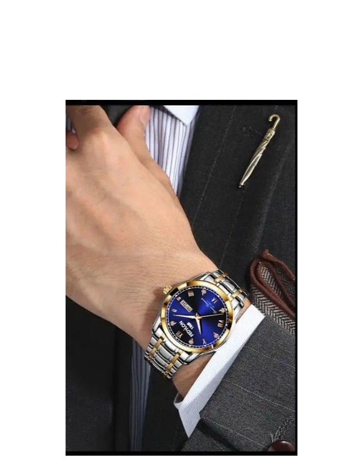FEDYLON Men’s Two-Tone Business Quartz Watch – Blue Dial, Dual Calendar, Luminous Hands, 30M Waterproof, Roman Numerals, Stainless Steel Look Wristwatch