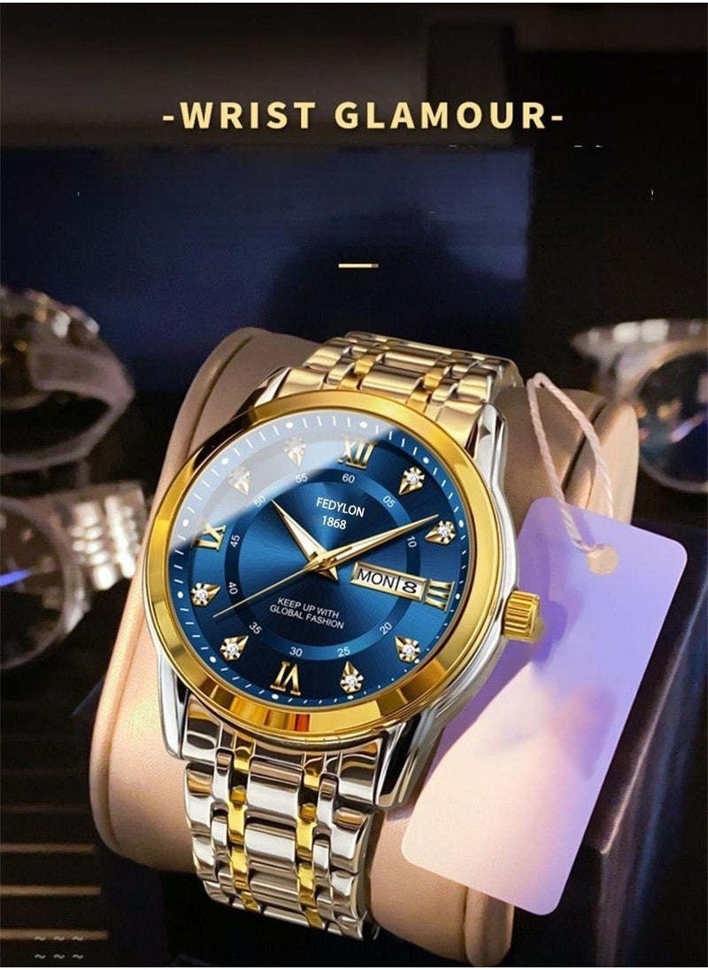 FEDYLON Men’s Two-Tone Business Quartz Watch – Blue Dial, Dual Calendar, Luminous Hands, 30M Waterproof, Roman Numerals, Stainless Steel Look Wristwatch